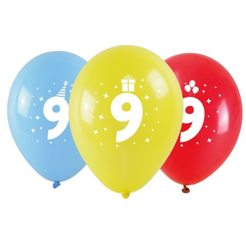 Balon gumowy Arpex z nadrukiem cyferki - 9 (3 szt.) mix 280mm (KB1986-9-9944) Balon gumowy Arpex z nadrukiem cyferki - 9 (3 szt.) mix 280mm (KB1986-9-9944)