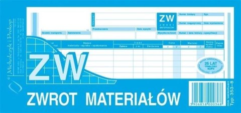 Druk samokopiujący Michalczyk i Prokop ZW zwrot materiałów 1/3 A4 80k. (353-8) Druk samokopiujący Michalczyk i Prokop ZW zwrot materiałów 1/3 A4 80k. (353-8)