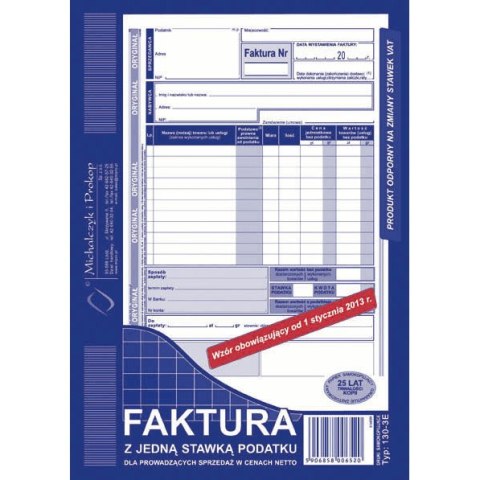 Druk offsetowy Michalczyk i Prokop Faktura VAT pion A5 (z jedną stawką podatku) A5 80k. (130-3E) Druk offsetowy Michalczyk i Prokop Faktura VAT pion A5 (z jedną stawką podatku) A5 80k. (130-3E)