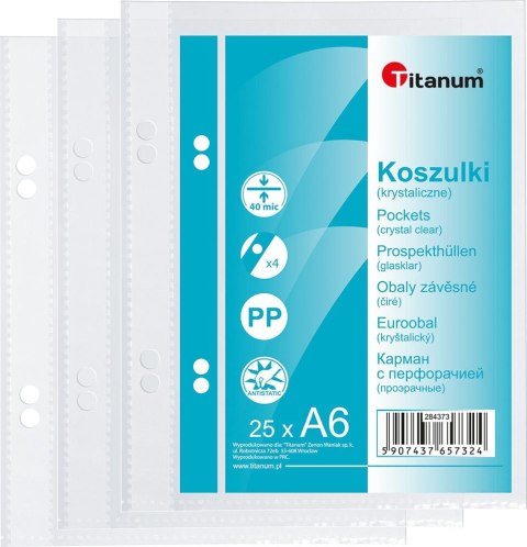 Koszulki na dokumenty Titanum A6 krystaliczne 25 szt. typ U 40um Koszulki na dokumenty Titanum A6 krystaliczne 25 szt. typ U 40um