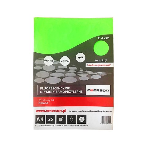Etykieta samoprzylepna kółka 40 mm A4 zielony Emerson (ETOKZIE02x025x010) Etykieta samoprzylepna kółka 40 mm A4 zielony Emerson (ETOKZIE02x025x010)
