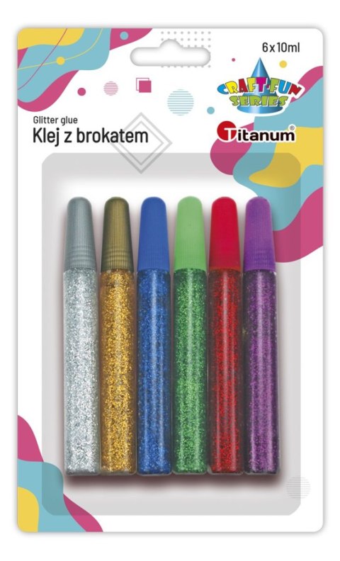 Klej w płynie Titanum Craft-Fun Series z brokatem 6 kolorów 10ml Klej w płynie Titanum Craft-Fun Series z brokatem 6 kolorów 10ml