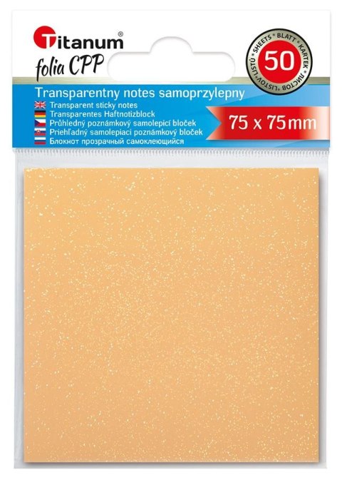 Notes samoprzylepny (karteczki) Titanum transparentne, z polipropylenu 75x75 pomarańczowy 50k [mm:] 75x75
