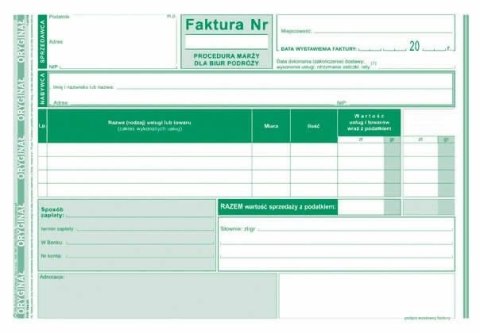 Druk samokopiujący Michalczyk i Prokop Faktura Procedura marży dla biur podróży A5 80k. (194-3E) Druk samokopiujący Michalczyk i Prokop Faktura Procedura marży dla biur podróży A5 80k. (194-3E)