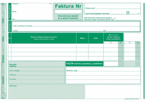 Druk samokopiujący Michalczyk i Prokop Faktura Procedura marży dla biur podróży A5 80k. (194-3E) Druk samokopiujący Michalczyk i Prokop Faktura Procedura marży dla biur podróży A5 80k. (194-3E)
