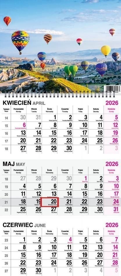 Kalendarz ścienny balony 620mm x 280mm Press Kalendarz ścienny balony 620mm x 280mm Press
