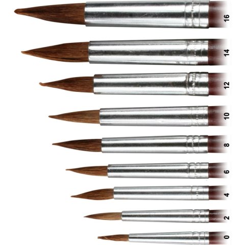 Komplet pędzli stożkowych do farb akwarelowych 9 szt. nr od 0 do 16 Komplet pędzli stożkowych do farb akwarelowych 9 szt. nr od 0 do 16
