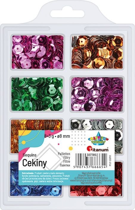 Zestaw cekinów Titanum Craft-Fun Series okrągłych 8 kolorów x 3g Zestaw cekinów Titanum Craft-Fun Series okrągłych 8 kolorów x 3g