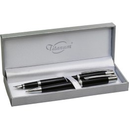 Komplet piśmienniczy 10KFB008 Titanum pióro+długopis czarny jodełkowy wzór srebrne wykończenie