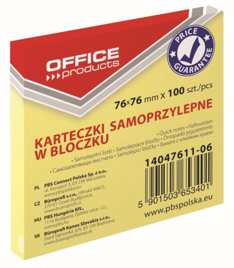 Notes samoprzylepny (karteczki) Office Products żółty jasny 100k [mm:] 76x76 (14047611-06)