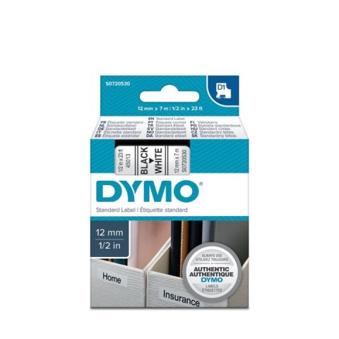 Taśma Dymo D1 12mm x 7m biała/czarny nadruk Taśma Dymo D1 12mm x 7m biała/czarny nadruk