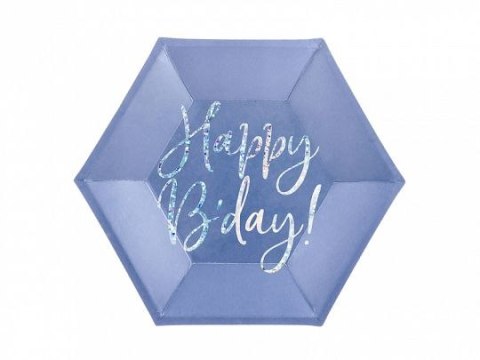 Talerz jednorazowy Partydeco papierowe w kolorze granatowym z holograficznym napisem Happy Bday średnica ok. 20 cm papier śr. 20 Talerz jednorazowy Partydeco papierowe w kolorze granatowym z holograficznym napisem Happy Bday średnica ok. 20 cm papier śr. 20