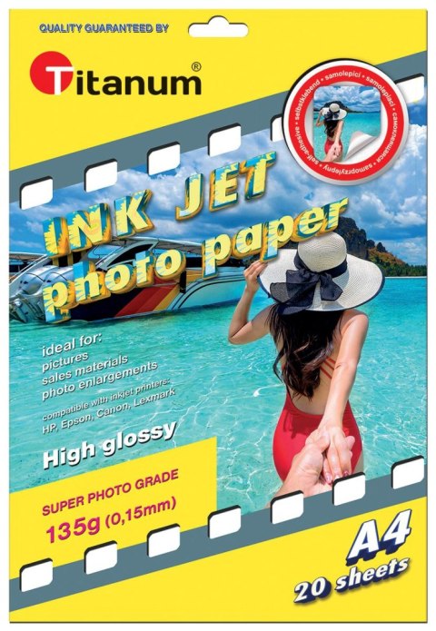 Papier fotograficzny Titanum A4 20 kartek 135 g/m² błyszczący samoprzylepny Papier fotograficzny Titanum A4 20 kartek 135 g/m² błyszczący samoprzylepny