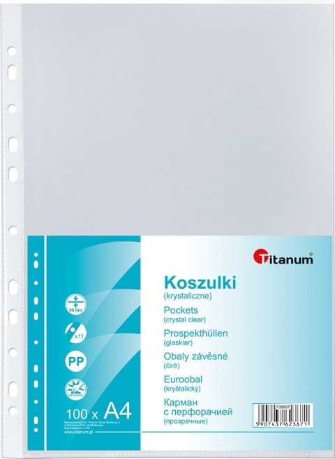 Koszulki na dokumenty Titanum A4 krystaliczne 50 szt. typ U 50um Koszulki na dokumenty Titanum A4 krystaliczne 50 szt. typ U 50um