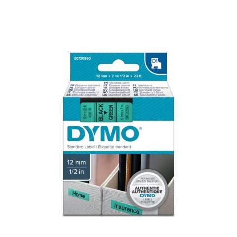 Taśma Dymo D1 12mm x 7m zielona/czarny nadruk Taśma Dymo D1 12mm x 7m zielona/czarny nadruk