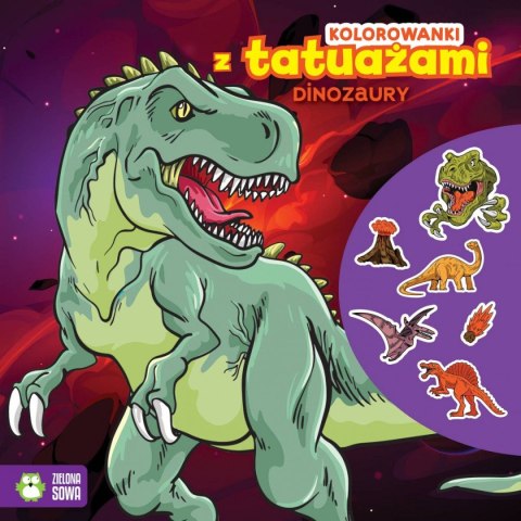 Kolorowanka Zielona Sowa z tatuażami. Dinozaury Kolorowanka Zielona Sowa z tatuażami. Dinozaury