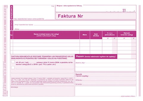Druk offsetowy Michalczyk i Prokop Faktura czynności zwolnione z podatku A5 80k. (198-3E) Druk offsetowy Michalczyk i Prokop Faktura czynności zwolnione z podatku A5 80k. (198-3E)