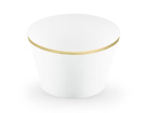 Dekoracja Partydeco Papilotki na muffinki Elegant Bliss w kolorze białym ze złotymi metalizowanymi brzegami wymiary po złożeniu ok. 4,8 x 7,6 x 4,6 cm (FM15-008)