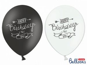 Balon gumowy Partydeco gumowy biały i czarny Happy Birthday 30 cm/6 sztuk biało-czarny 300mm (SB14P-258-000-6)
