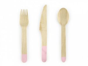 Sztućce Partydeco drewniane, jasny różowy, 16cm, 6 łyżek, 6 noży i 6 widelców (SDR1-081J)