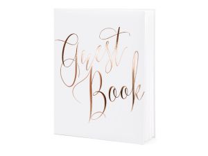 Księgi gości ślub Partydeco oprawiona papierem w kolorze białym, z napisem Guest book w kolorze różowego złota wymiary ok. 20 x 24,5 cm, 22 kartki (KWAP58-008-019R)