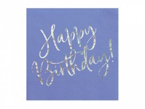 Serwetki Partydeco papierowe w kolorze granatowym z holograficznym napisem Happy Birthday wymiary po rozłożeniu ok. 33 x 33 cm, wymiary po złożeniu ok. 16,5 x 16,5 cm - granatowy 333 mm x 333 mm (SP33-80-074)